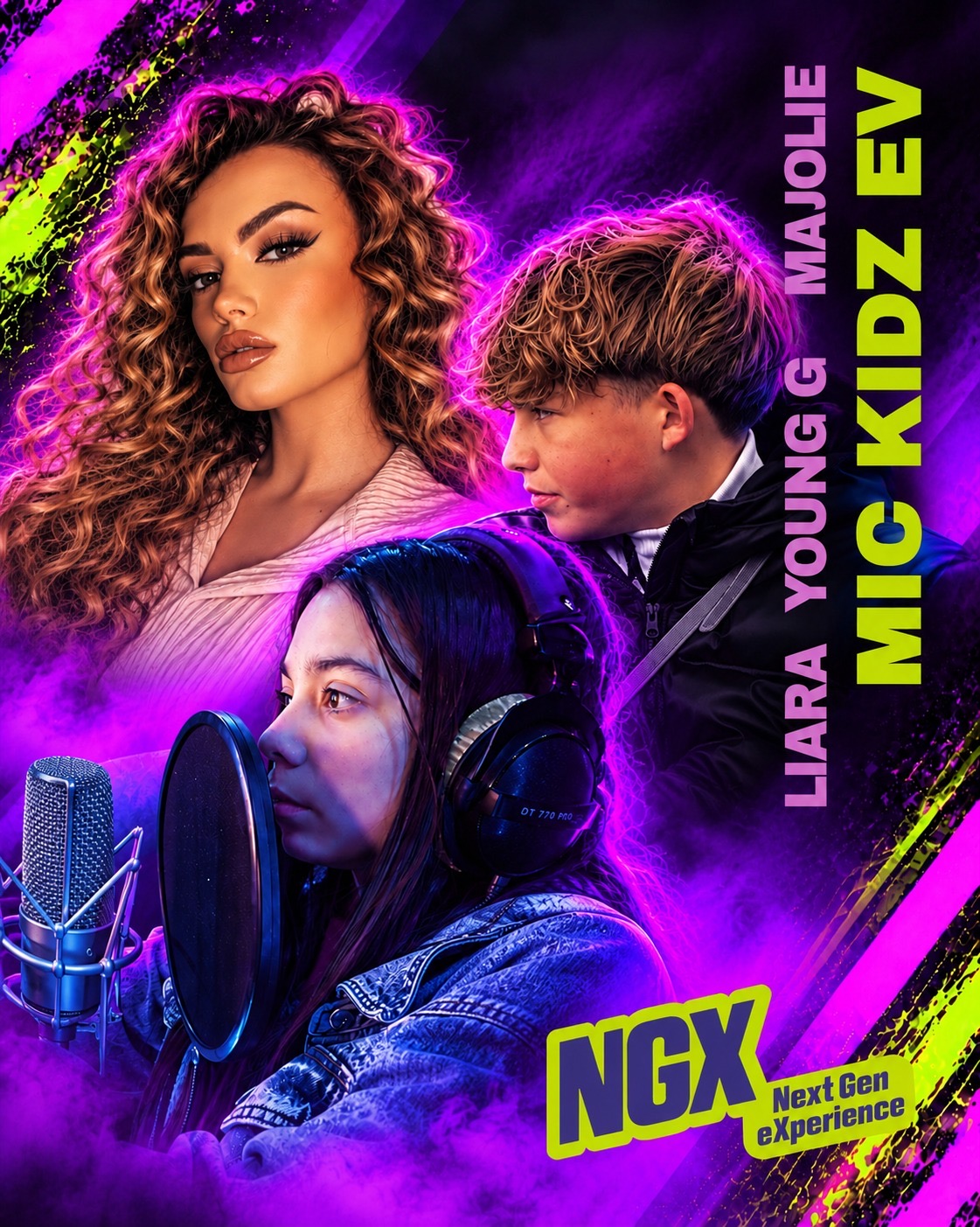 NGX-Motiv mit Liara am Mikrofon, Young G und MaJolie sowie dem Next Gen Experience Logo